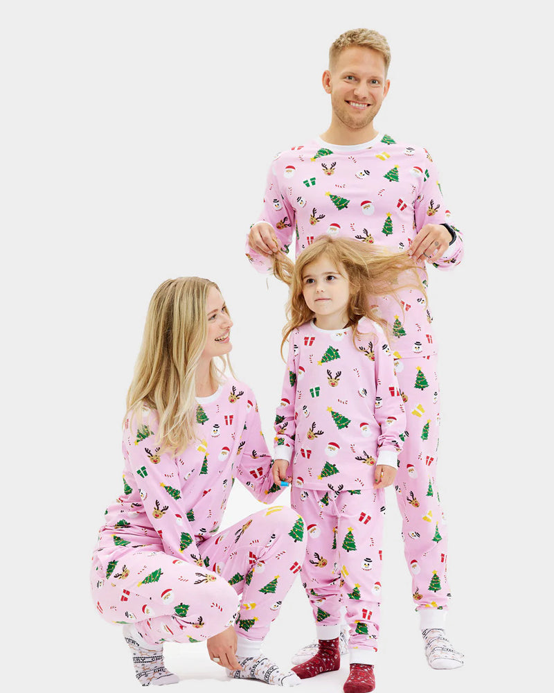Pijama de Natal para Crianças Rosa com Motivos Natalinos Algodão Orgánico Família
