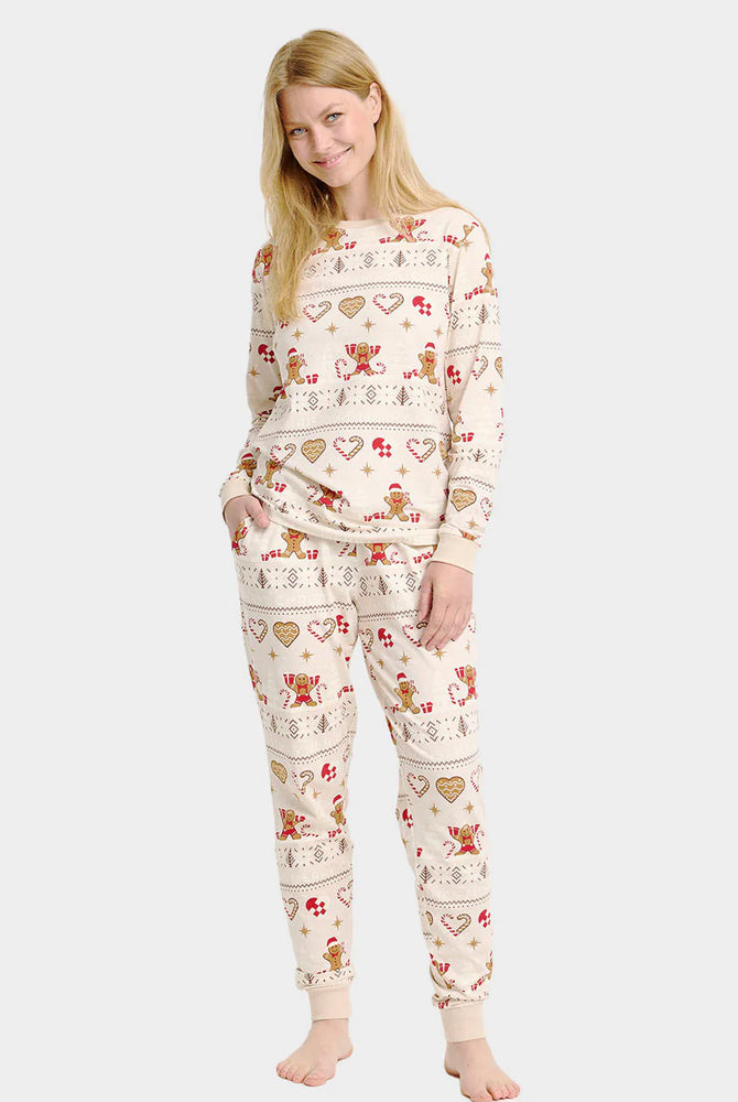 Pijama de Natal para Família Bege com Gingercookies Algodão Orgânico Mulher