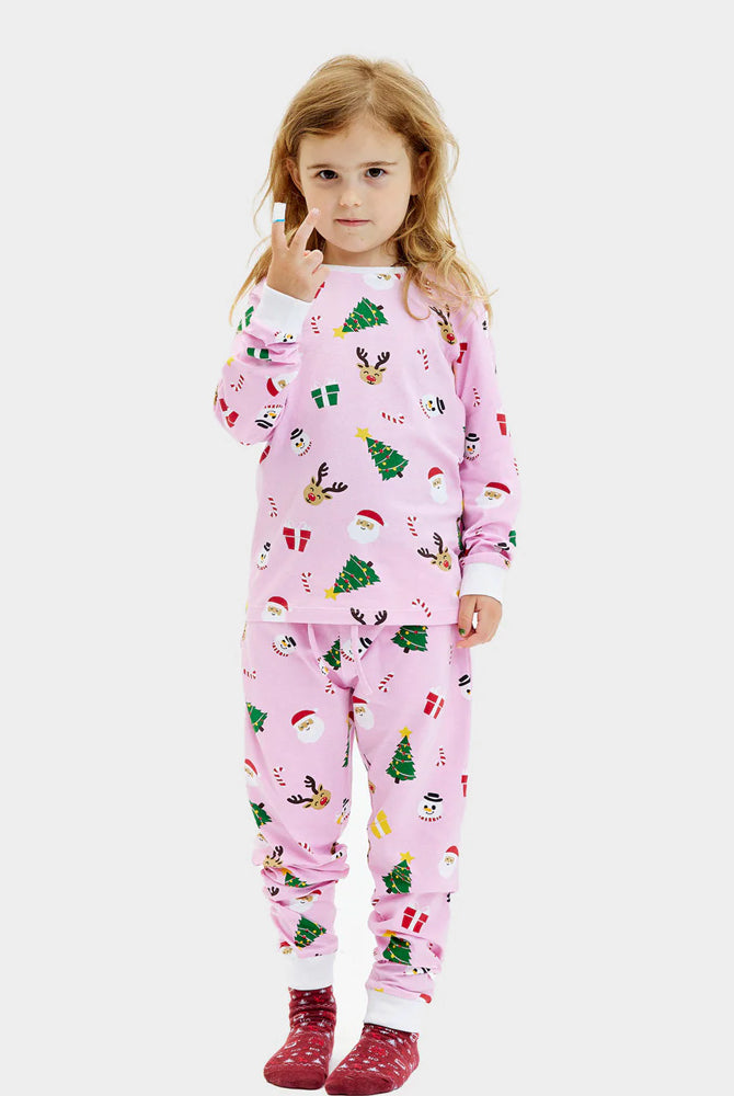 Pijama de Natal Crianças Família Rosa com Motivos Natalinos Algodão Orgánico