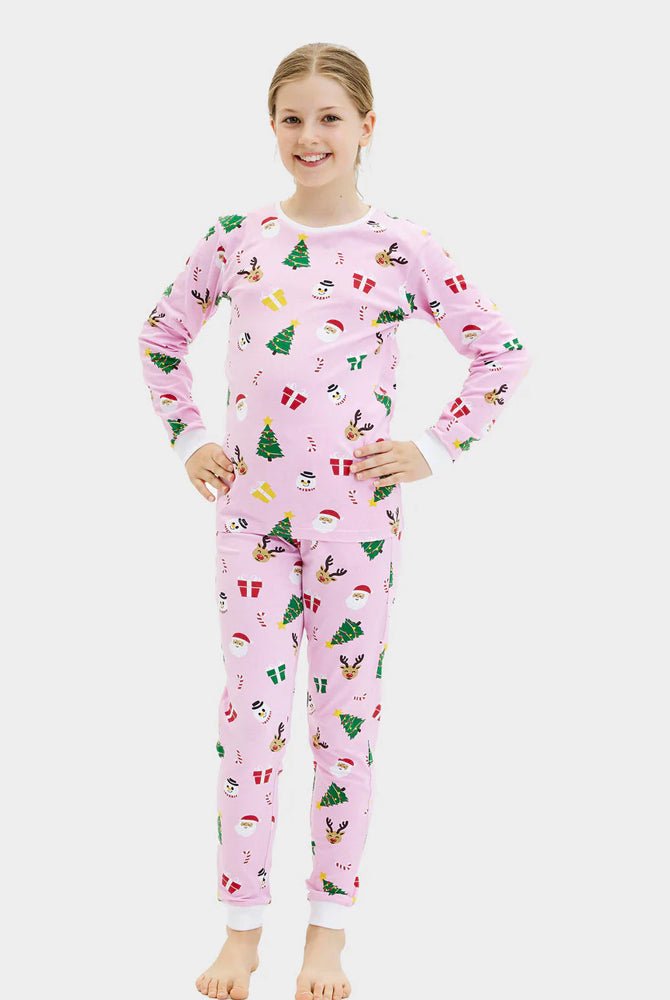 Pijama de Natal para Família Rosa com Motivos Natalinos Algodão Orgánico Crianças