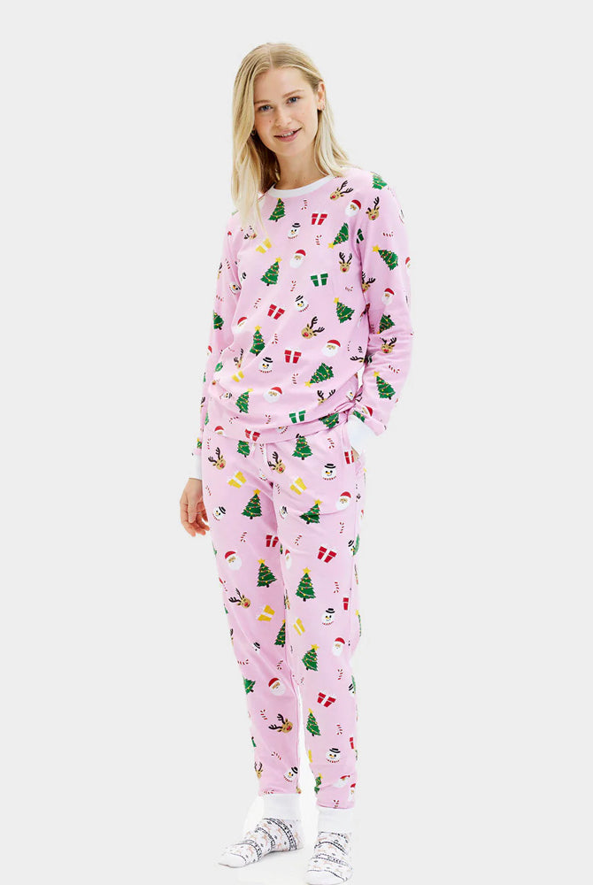 Pijama de Natal para Família Rosa com Motivos Natalinos Algodão Orgánico Mulher