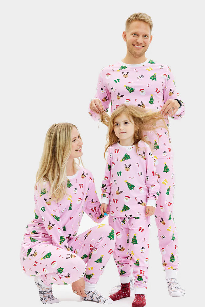 Pijama de Natal para Família Rosa com Motivos Natalinos Algodão Orgánico