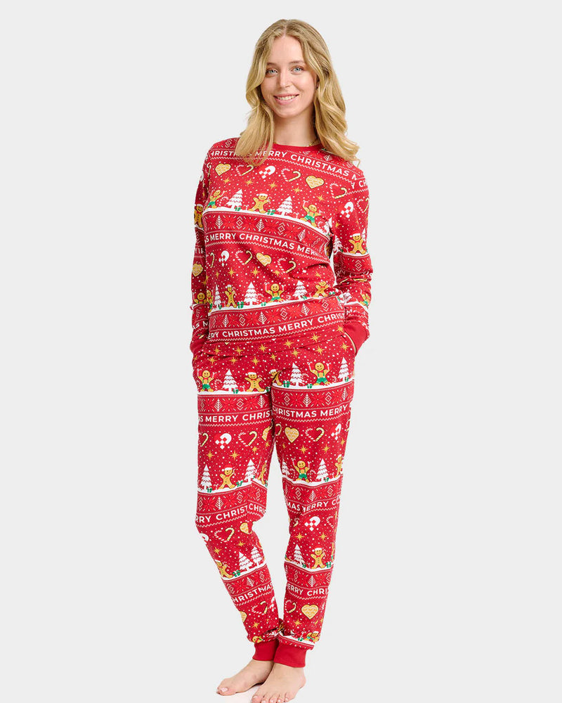Pijama de Natal para Família Vermelho com Gingercookies Algodão Orgánico Mulher