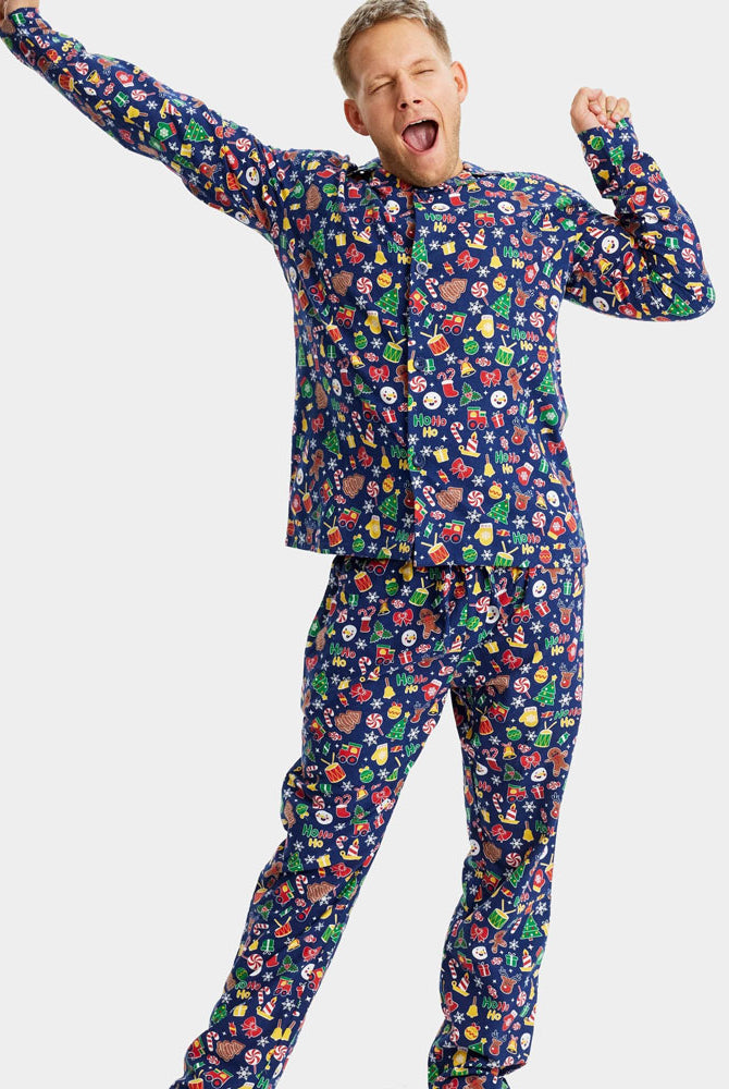 Pijama de Natal Familiar Azul com Motivos Natalícios Homem