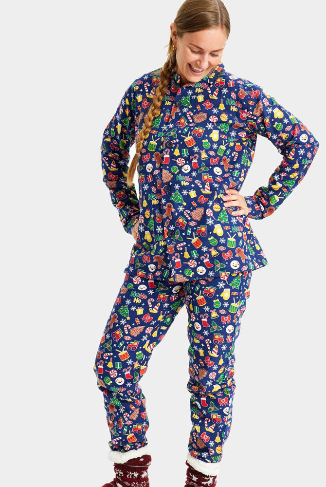 Pijama de Natal Familiar Azul com Motivos Natalícios Mulher