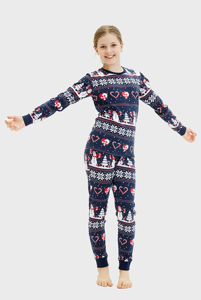 Pijama de Natal Familiar Menina Bonecos de neve e Corações