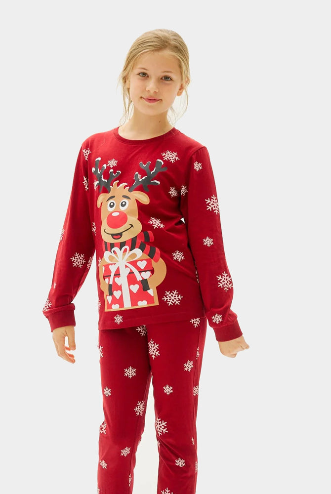 Pijama de Natal Familiar Vermelho com Rena Rudolph Menina