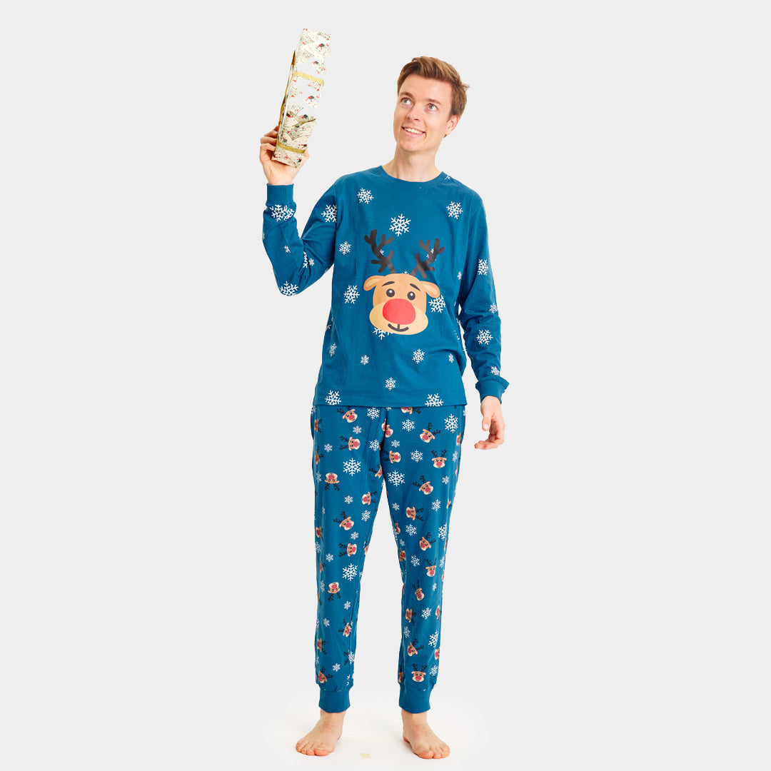 Pijama de Natal para Adultos Unisex Azul com Rena Rudolph homem