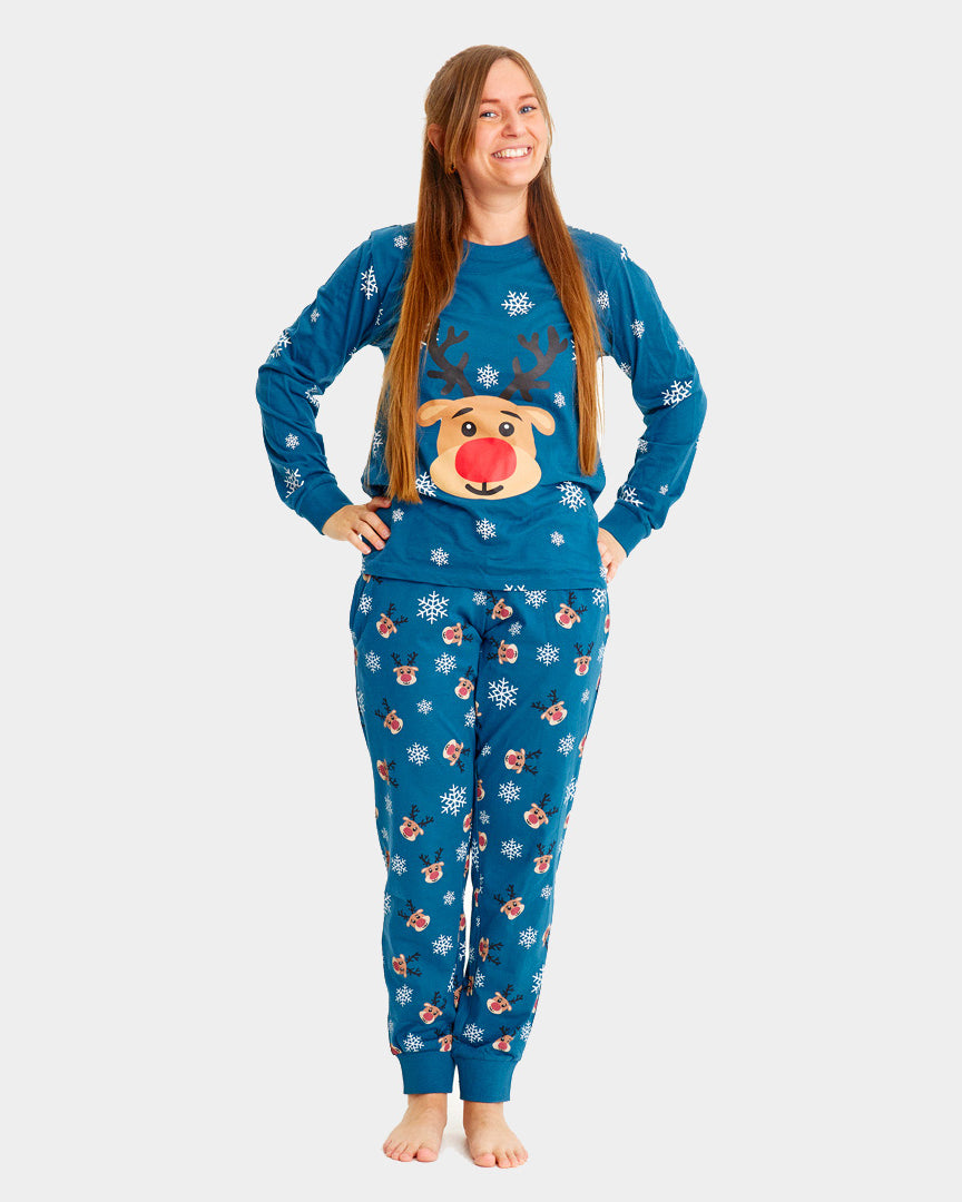 Pijama de Natal para Adultos Unisex Azul com Rena Rudolph Mulher
