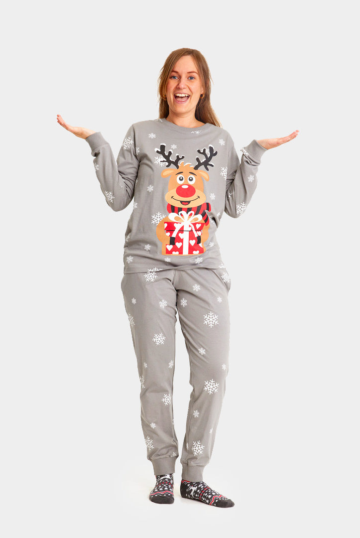 Pijama de Natal para Adultos Unisex Cinza com Rena Rudolph mulher