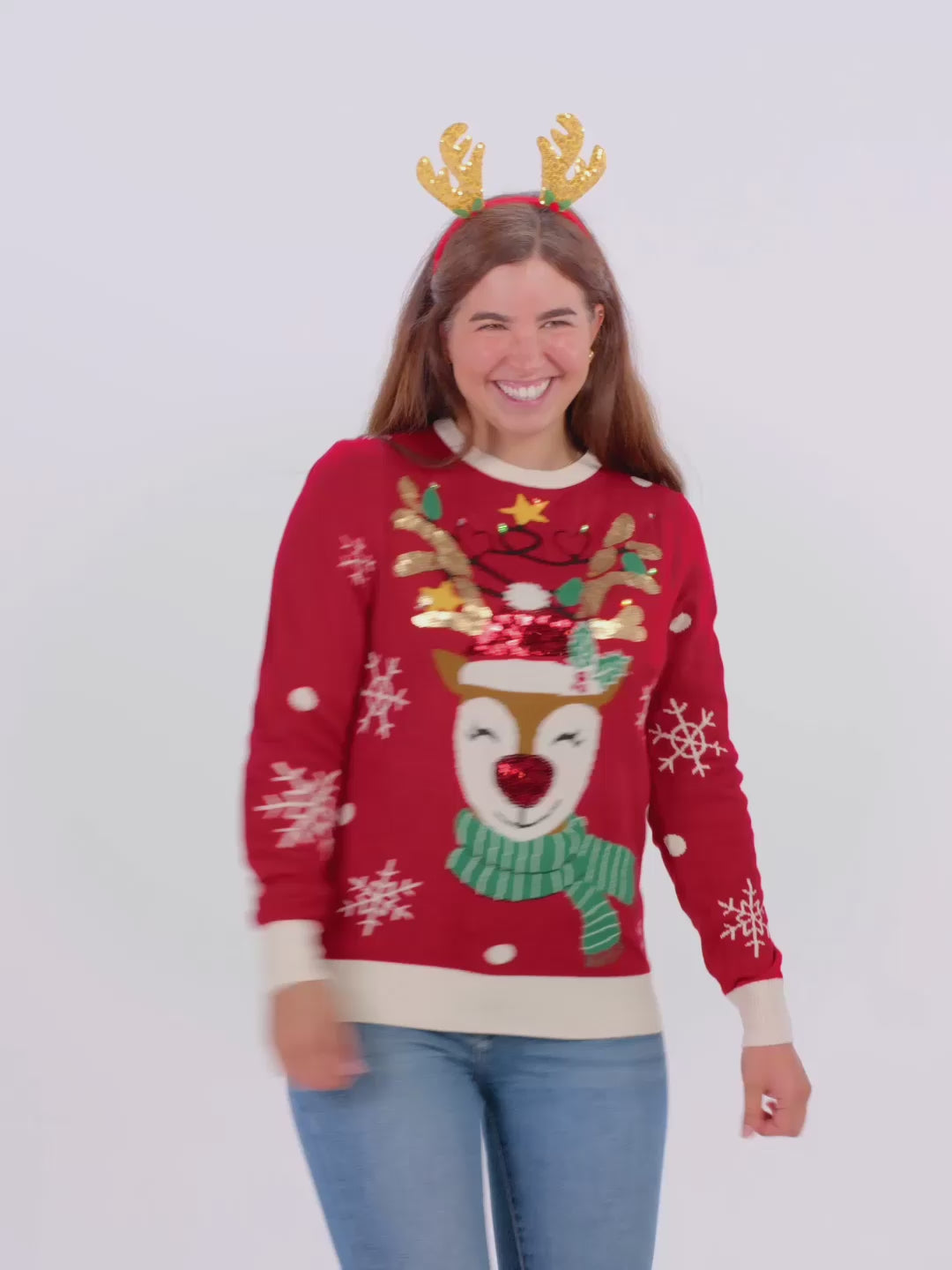 Camisola de Natal com Luzes LED para Mulher Homem Rena Brilhante com Lantejoulas