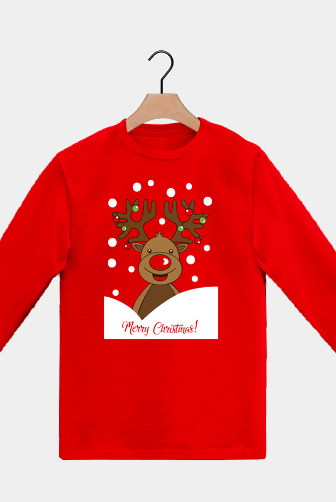 T-shirt de Natal Manga Comprida Vermelha para Família Rena Rudolph