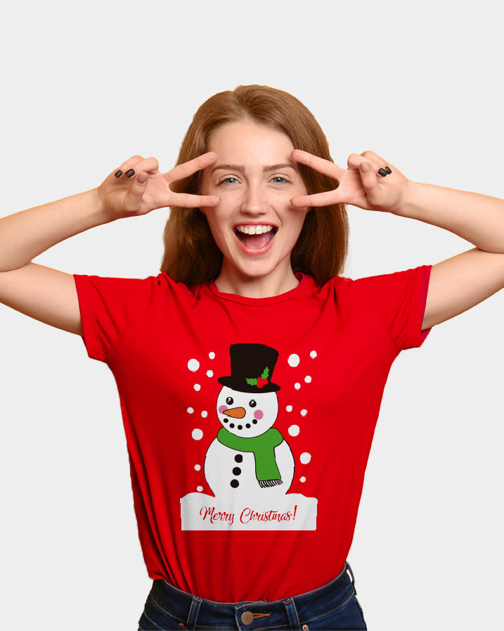 T-shirt de Natal Vermelha para Família com Boneco de neve mulher