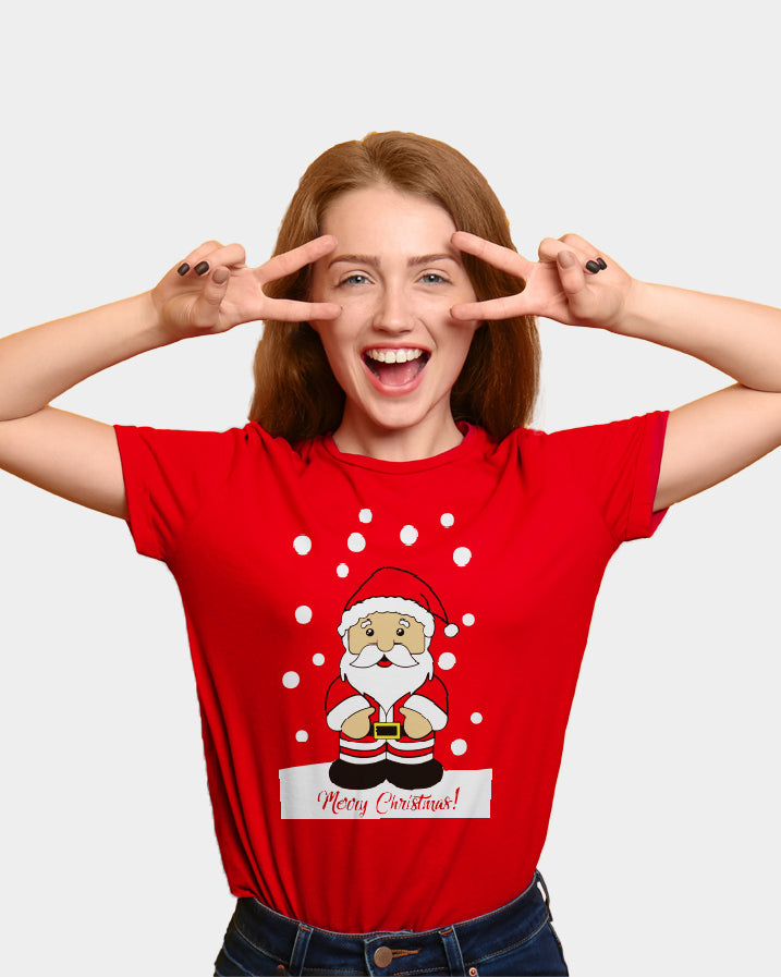 T-shirt de Natal Vermelha para Família com Pai Natal Mulher