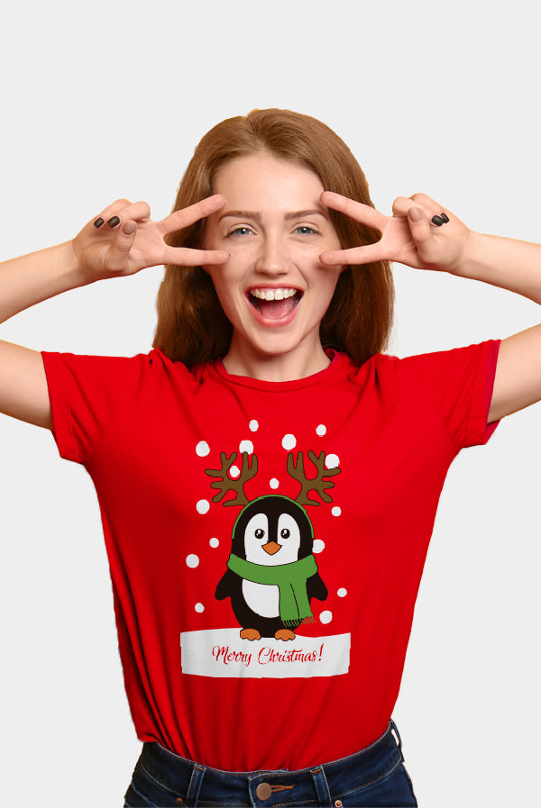 T-Shirt de Natal Vermelha para Família com Pinguim Mulher