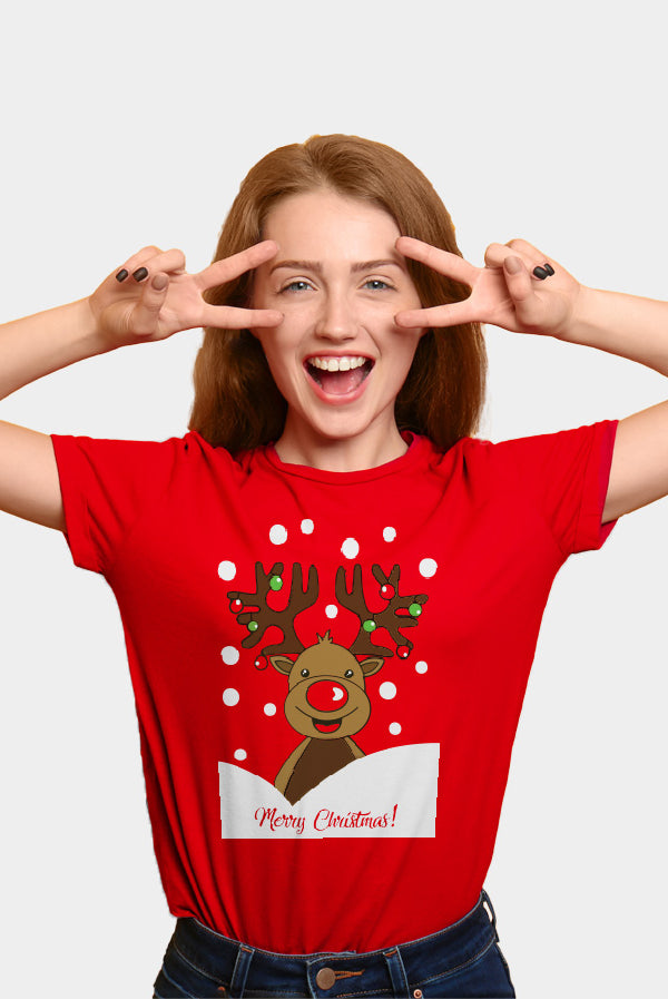 T-shirt de Natal Vermelha para Família com Rena Rudolph mulher