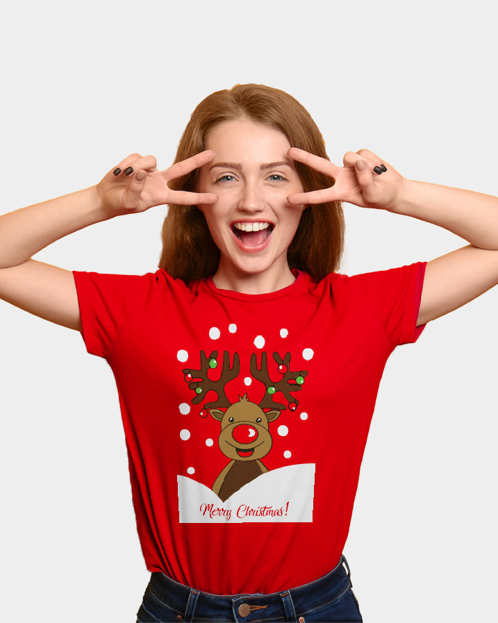 T-shirt de Natal Vermelha para Família com Rena Rudolph mulher