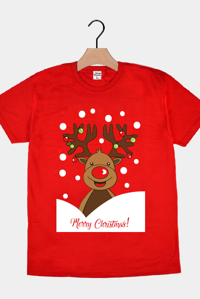 T-shirt de Natal Vermelha para Família com Rena Rudolph