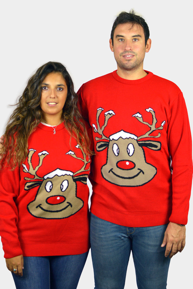 Camisola de Natal Vermelha para Família com Rena Sorridente casal
