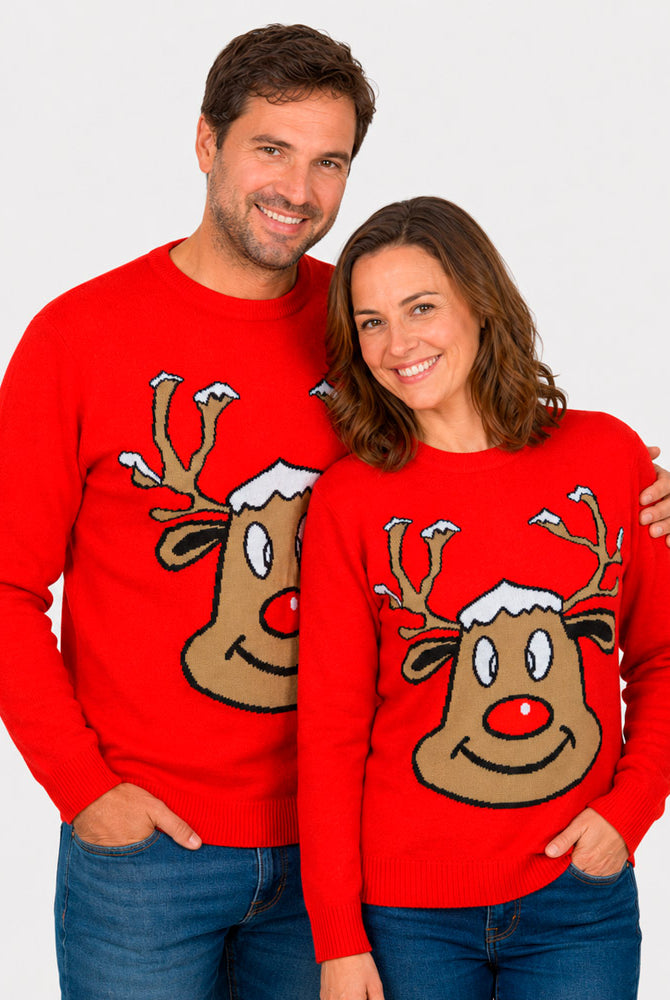 Camisola de Natal Vermelha para Família com Rena Sorridente casal