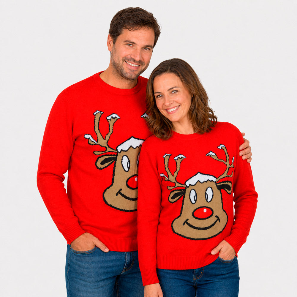 Camisola de Natal Vermelha para Família com Rena Sorridente casal
