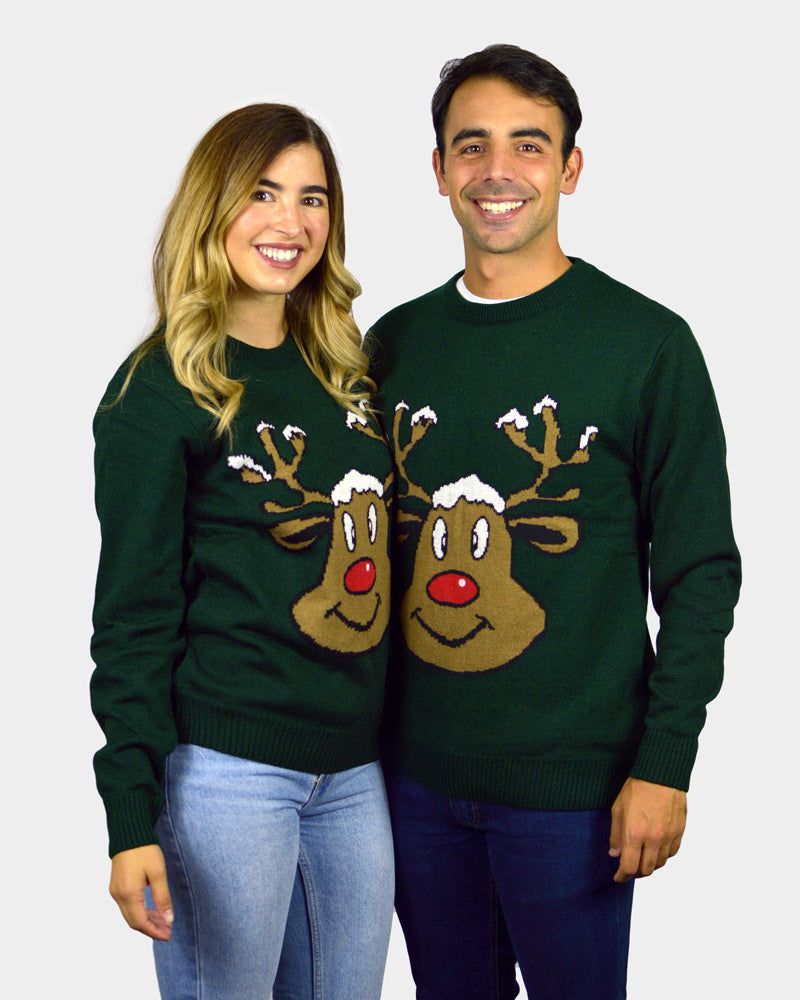 Camisola de Natal Verde para Família com Rena Sorridente casal