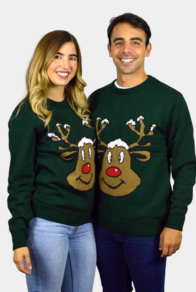 Camisola de Natal Verde para Família com Rena Sorridente casal
