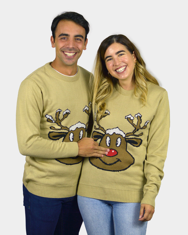 Camisola de Natal para Família Bege com Rena Sorridente casal