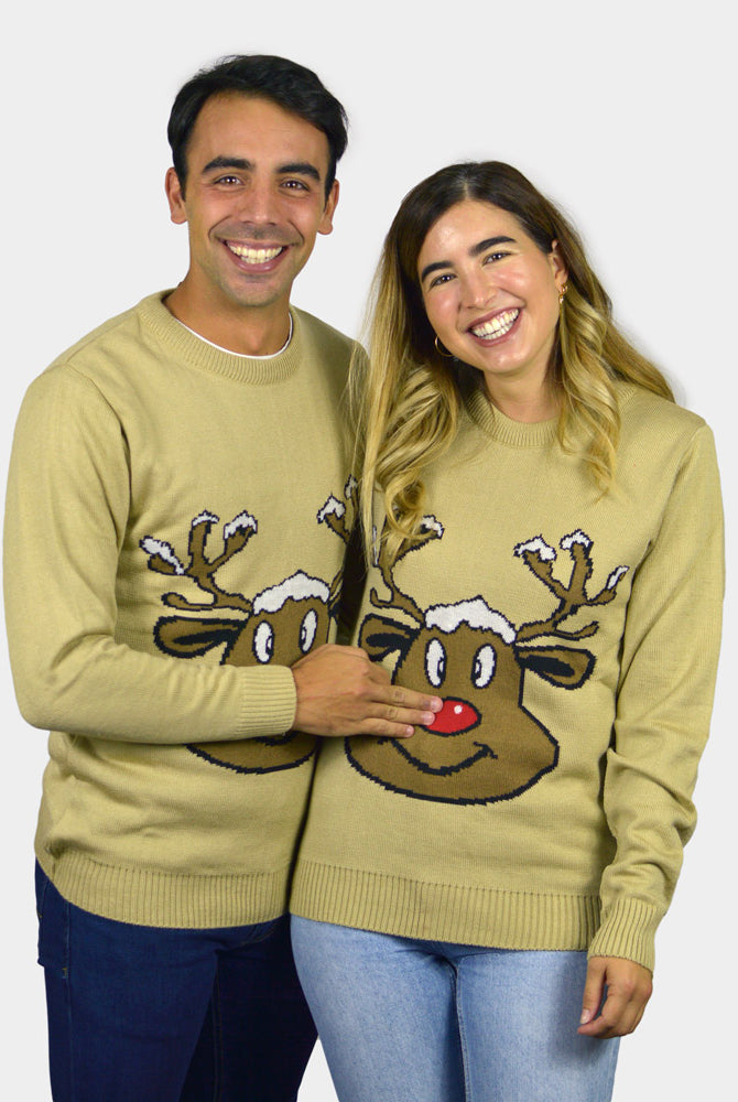 Camisola de Natal para Família Bege com Rena Sorridente casal