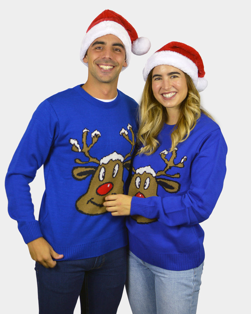 Camisola de Natal para Família Azul com Rena Sorridente casal