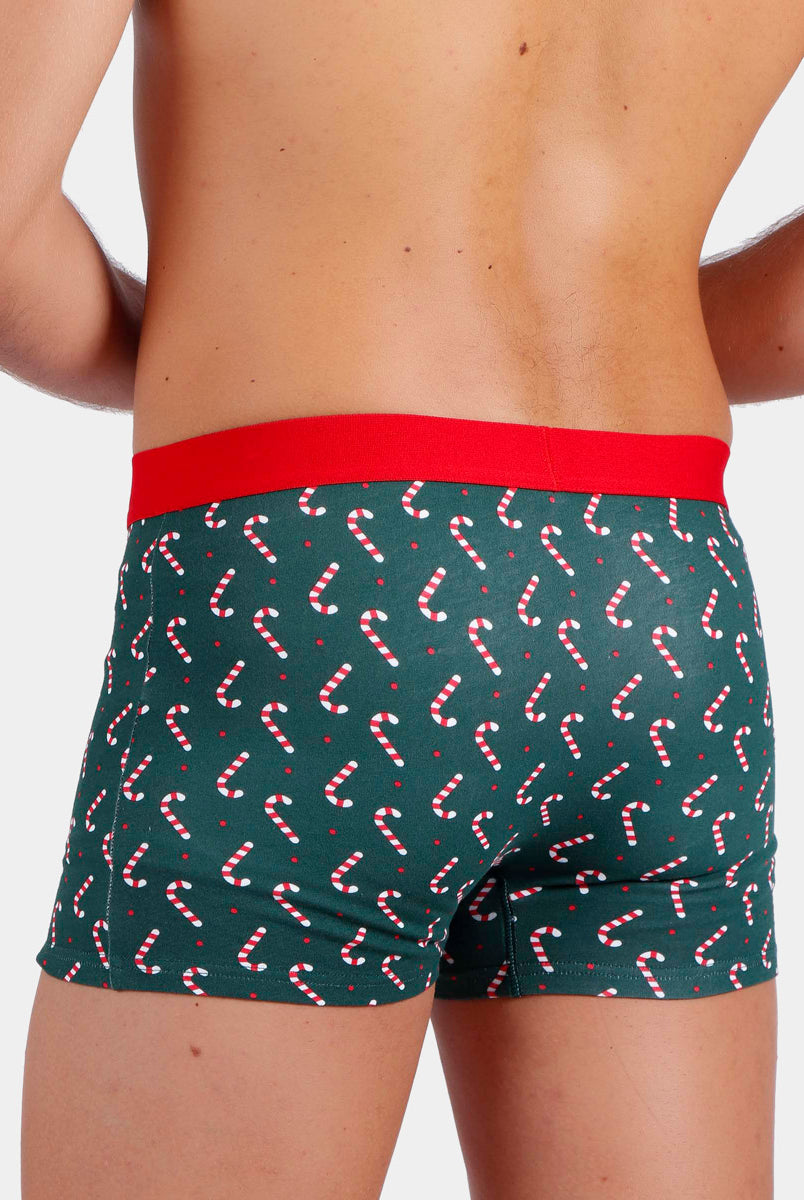 Boxer de Natal Verde para Homem com Bastões de Natal Dorso