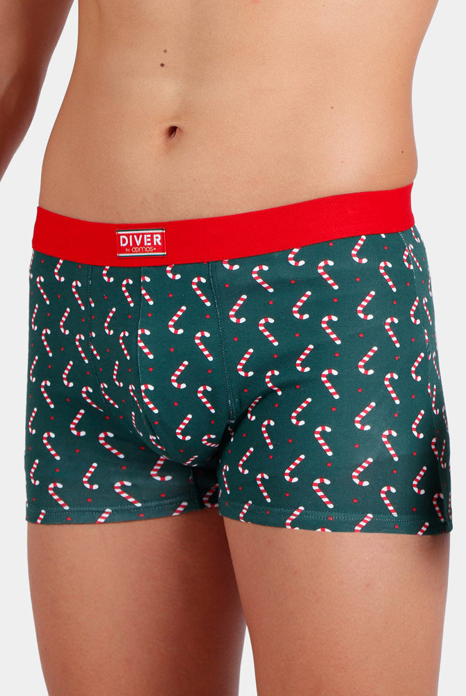 Boxer de Natal Verde para Homem com Bastões de Natal