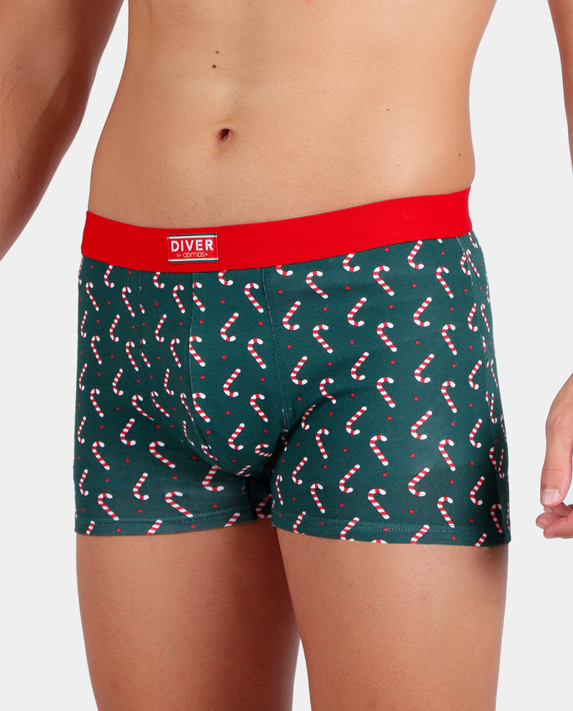 Boxer de Natal Verde para Homem com Bastões de Natal
