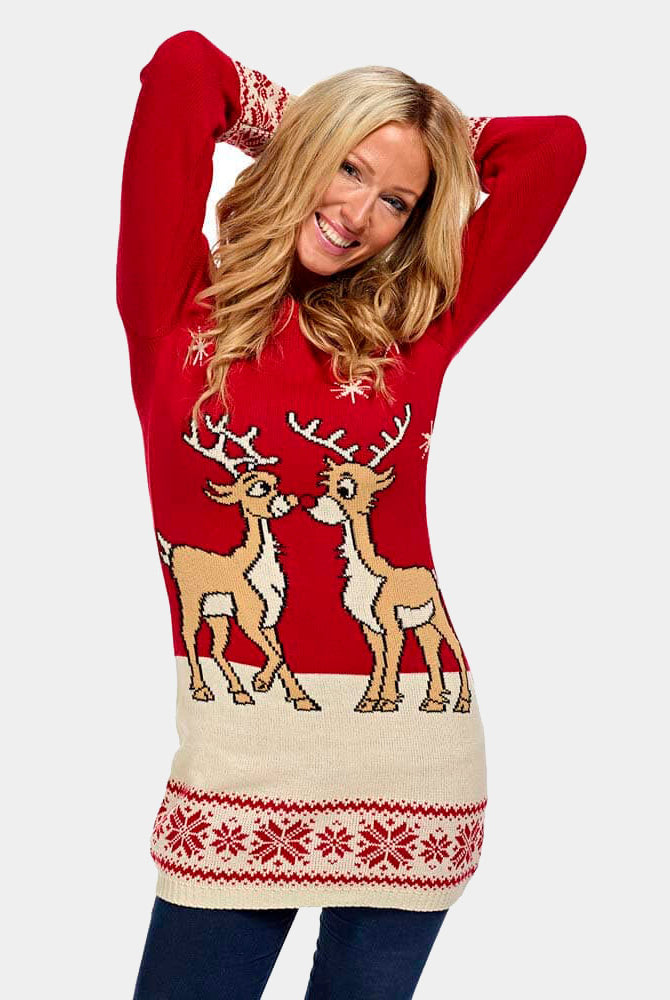 Camisola de Natal Vermelha Mulheres Vestido com Bebé Rena