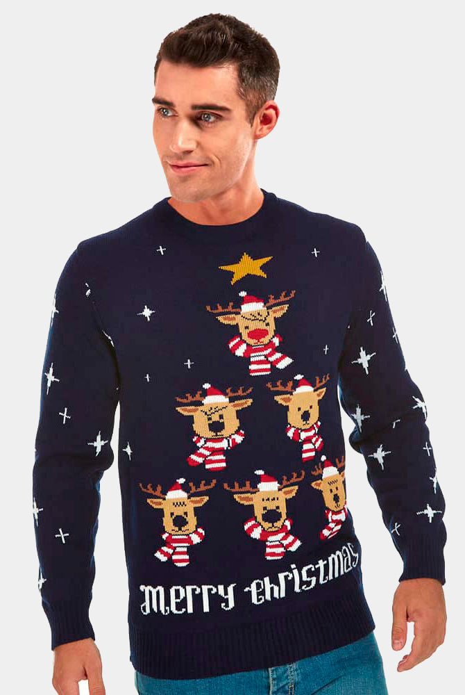 Camisola de Natal Azul com Rena, Árvore de Natal e Estrela homem
