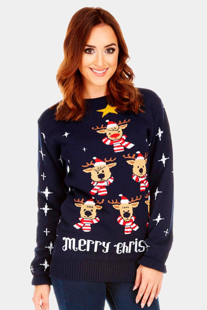 Camisola de Natal Azul com Rena, Árvore de Natal e Estrela mulher