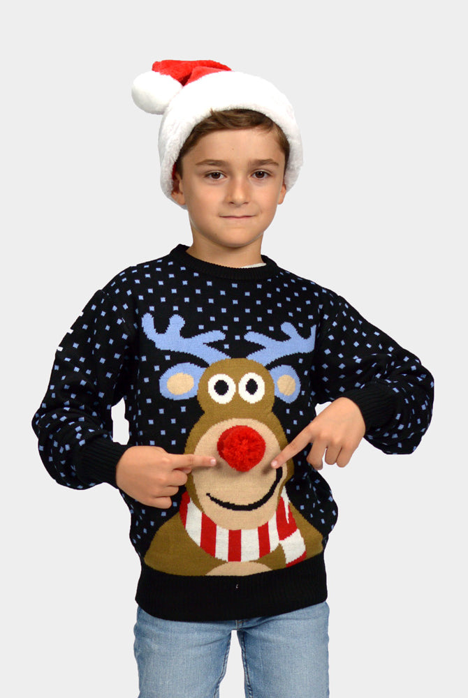 Camisola de Natal para Família Azul Rena com Nariz Vermelho 3D Menino