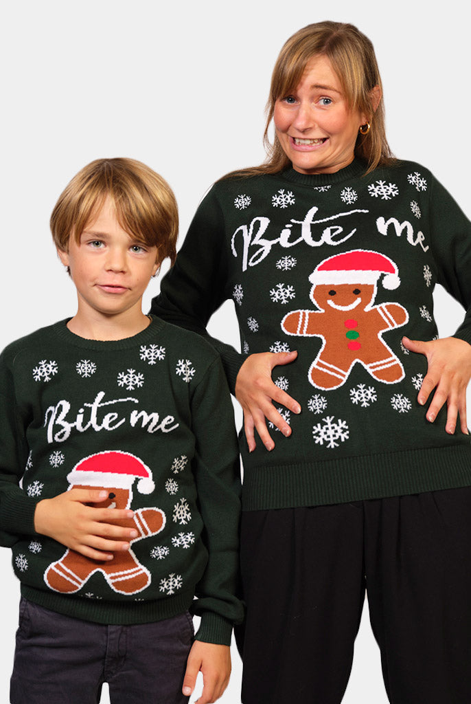 Camisola de Natal para Família Bite Me Gingerbread Mulher e Menino
