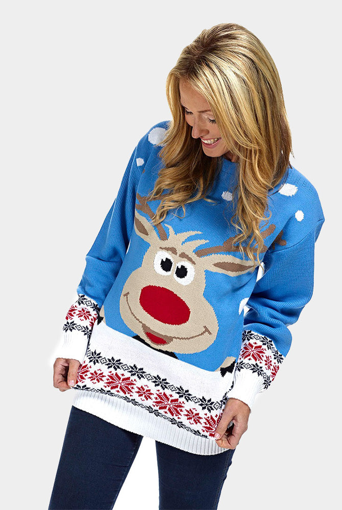 Camisola de Natal para Família Azul Claro com Rena e Neve Mulher