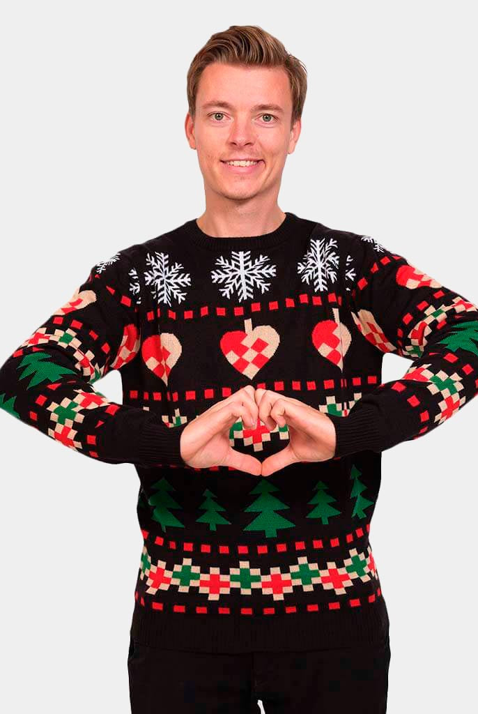 Camisola de Natal Preta com Neve, Corações e Árvores Homem
