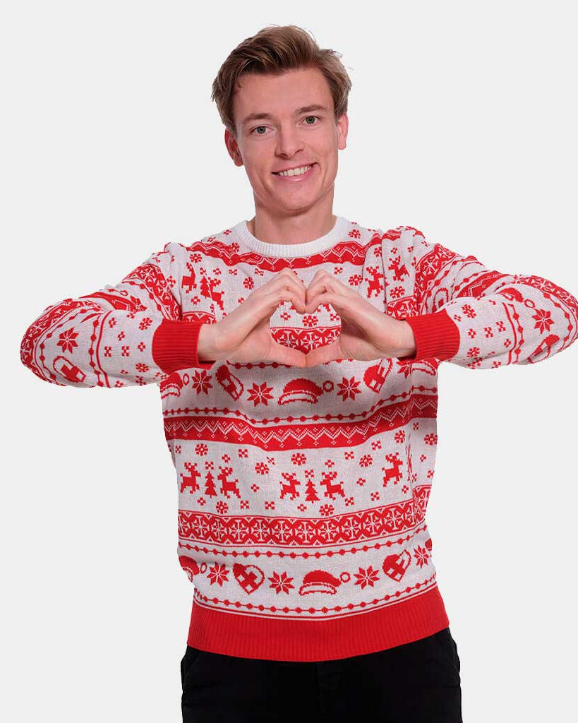 Camisola de Natal Vermelha e Branca com Renas e Corações Homem