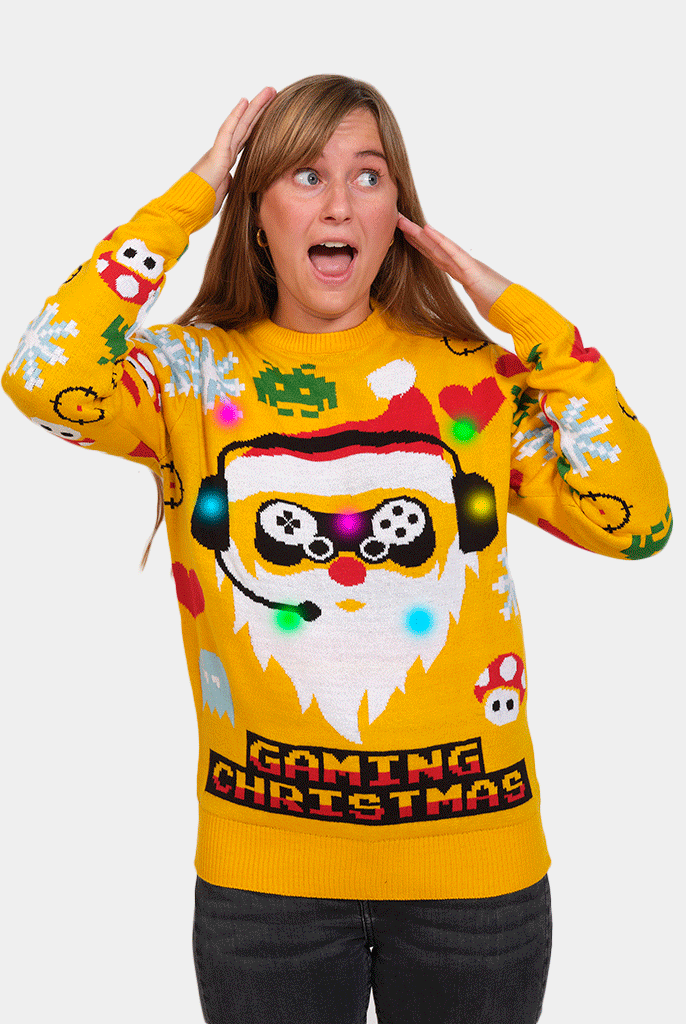 Camisola de Natal com Luzes LED para Família Pai Natal Gamer Mulher