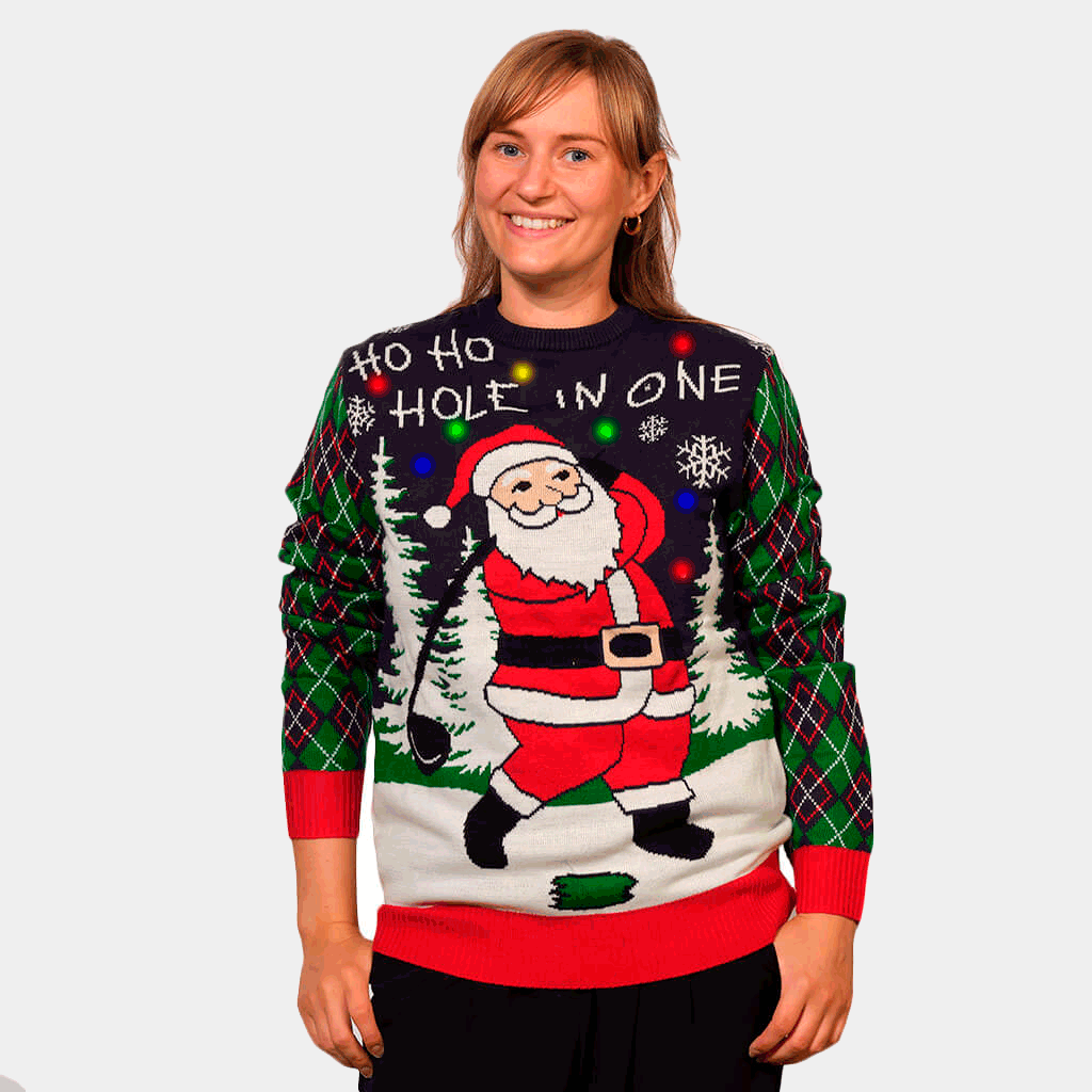 Camisola de Natal Luzes LED Pai Natal jogando Golfe Mulher