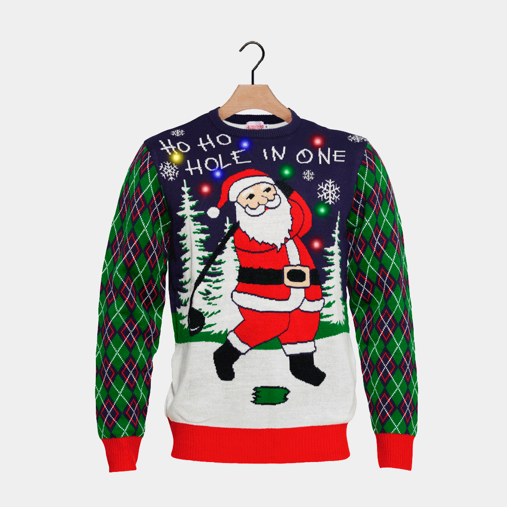 Camisola de Natal Luzes LED Pai Natal jogando Golfe