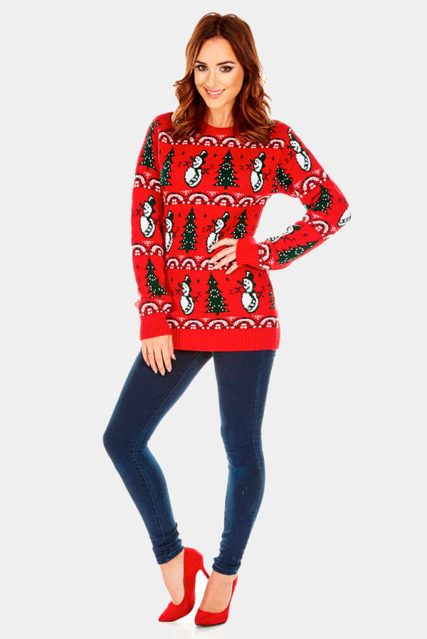 Camisola de Natal Vermelha com Bonecos, Mulher Renas e Árvores