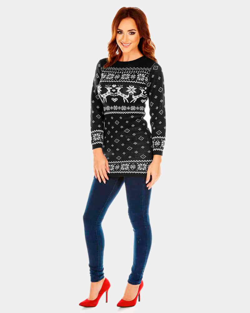 Camisola de Natal para MulherVestido Preto con Renas