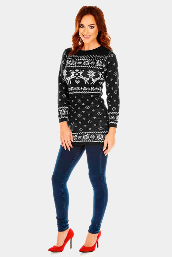 Camisola de Natal para MulherVestido Preto con Renas