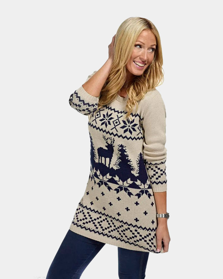 Camisola de Natal Mulheres Vestido Bege Azul Marinho