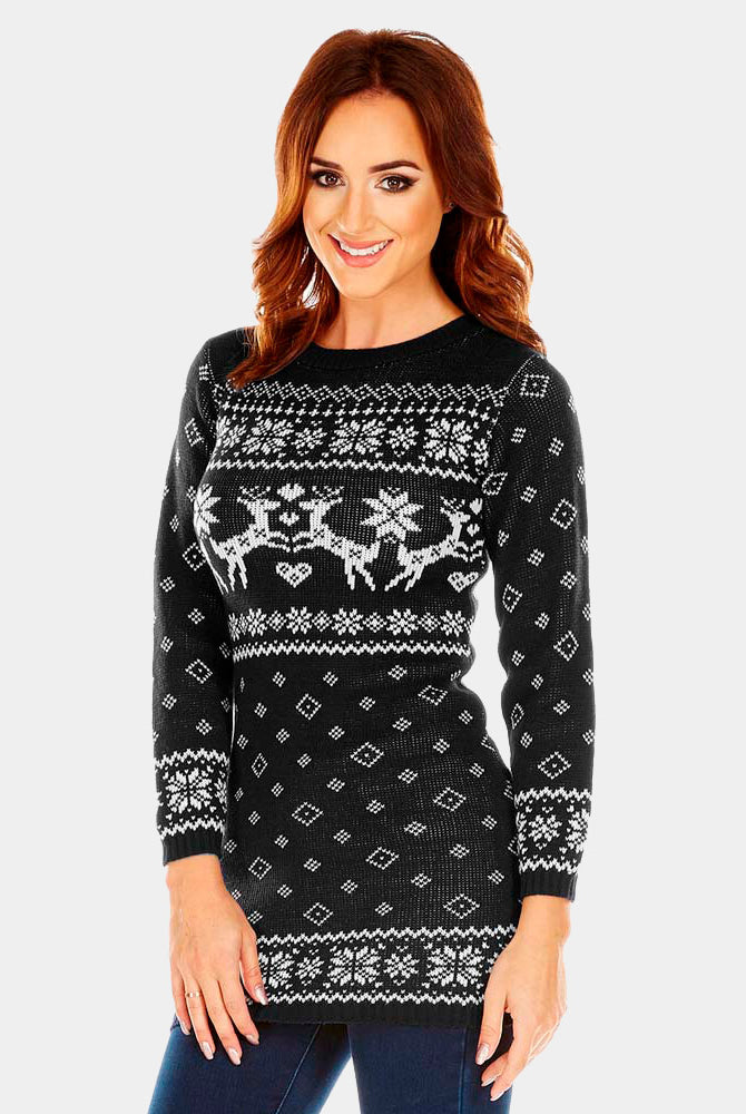 Camisola de Natal para Mulheres Vestido Preto con Renas