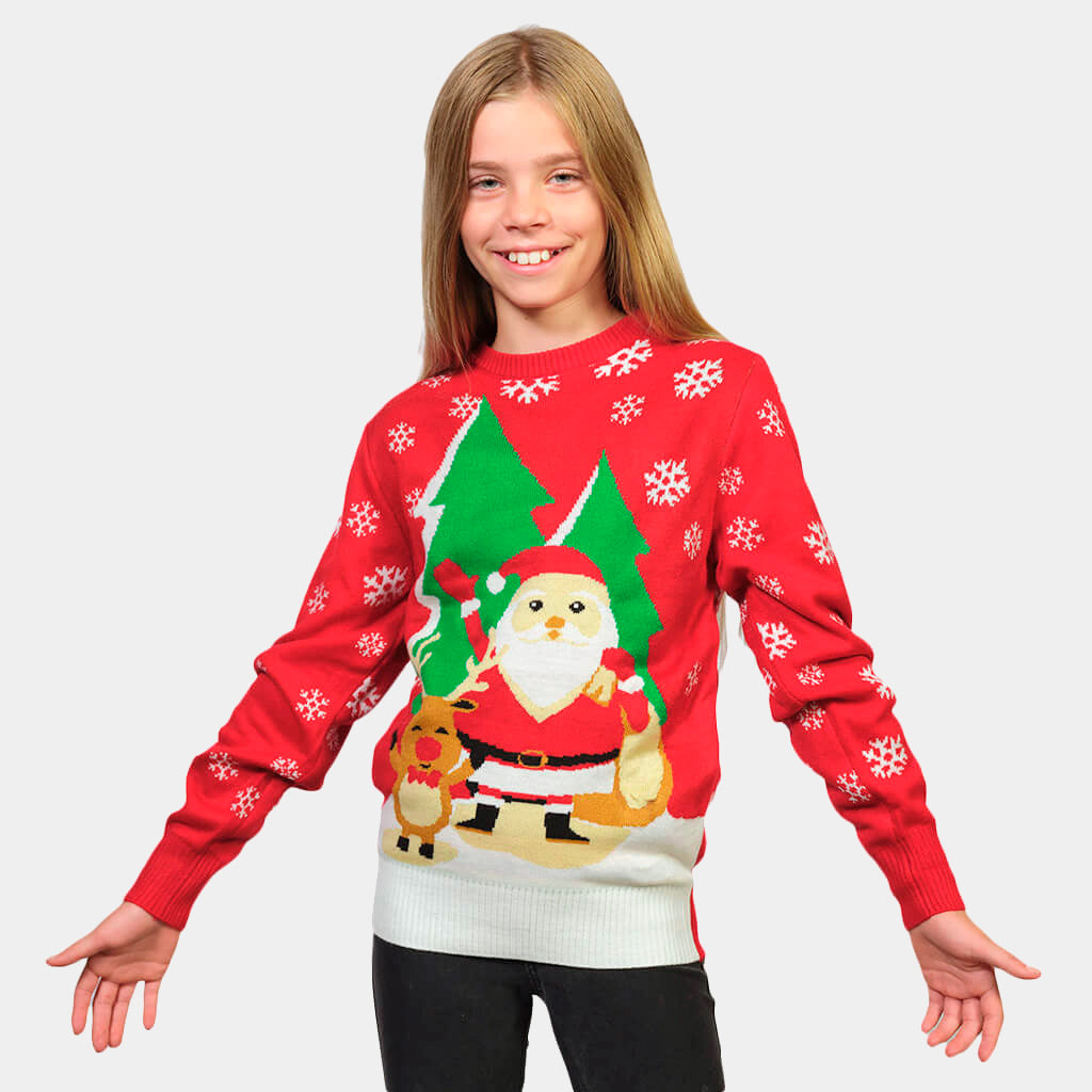 Camisola de Natal para Menina Pai Natal e Rena Cumprimentando